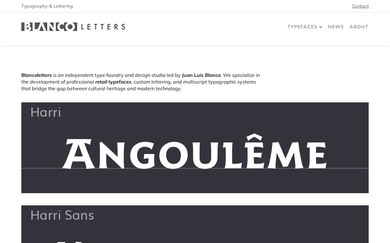 Screenshot of the Blancoletters homepage