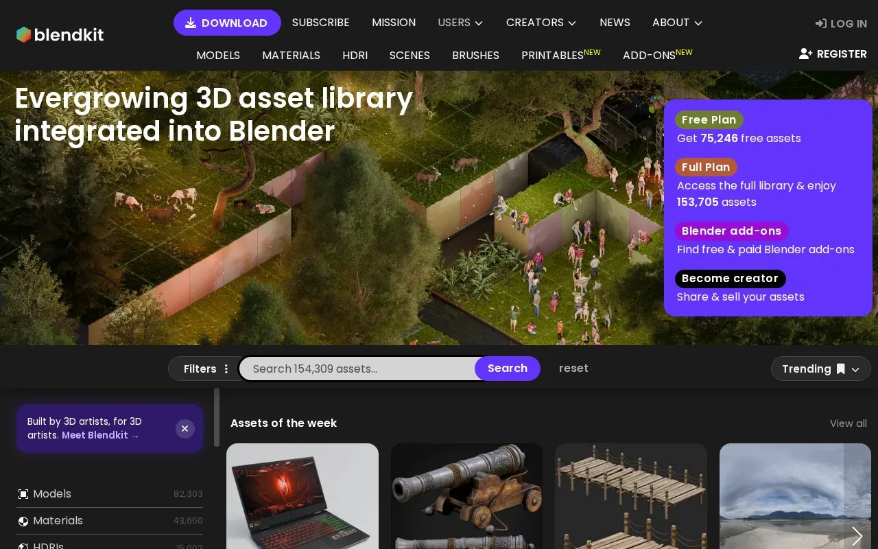 Screenshot of the Blendkit homepage