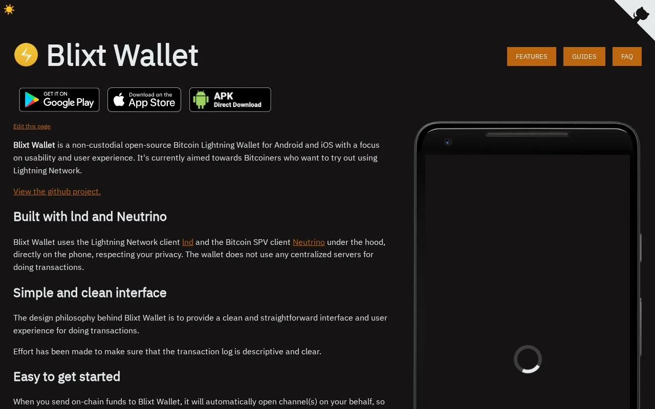 Screenshot of the Blixt Wallet homepage