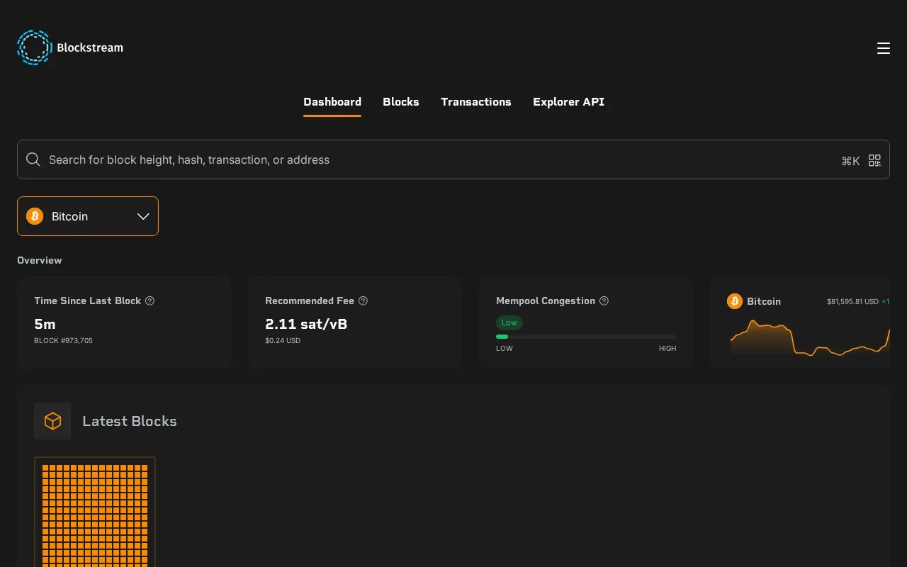 Screenshot of the Blockstream Explorer homepage