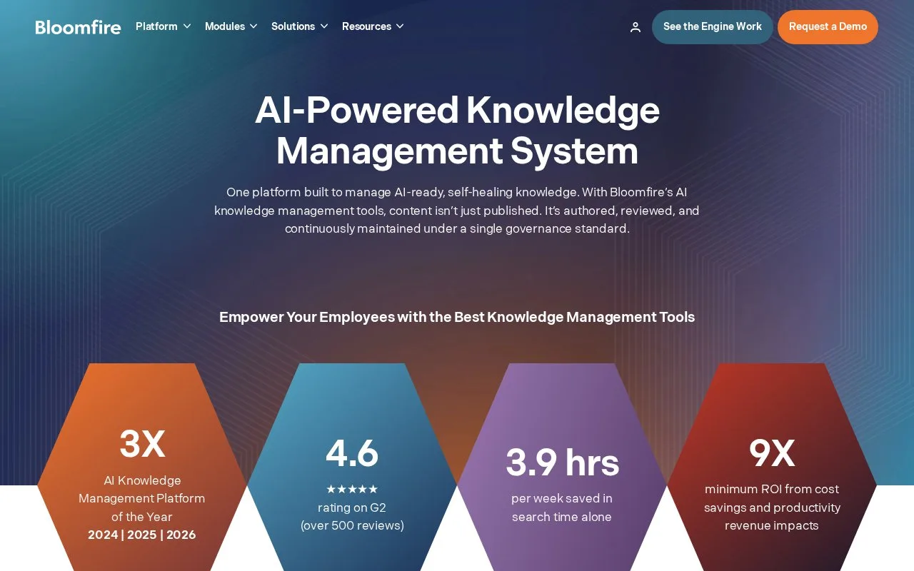 Screenshot of the Bloomfire Knowledge Management homepage