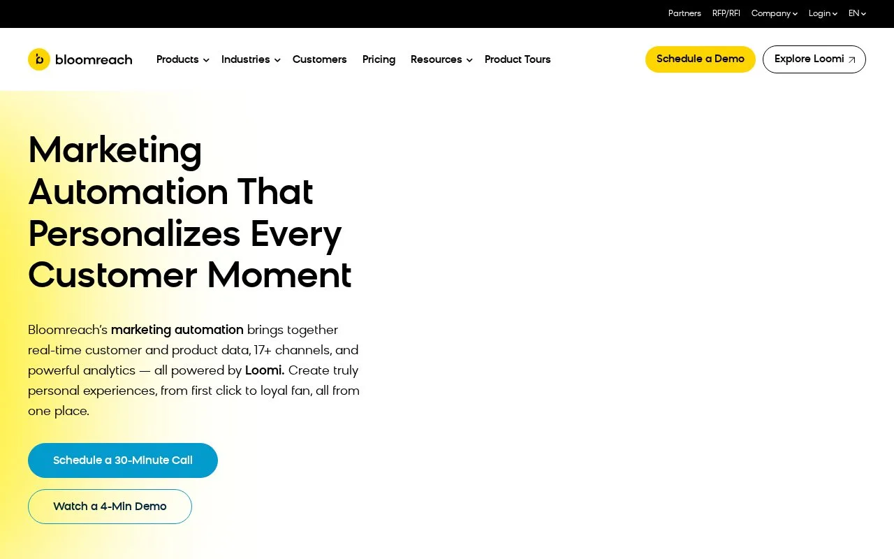 Screenshot of the Bloomreach Autonomous Marketing homepage
