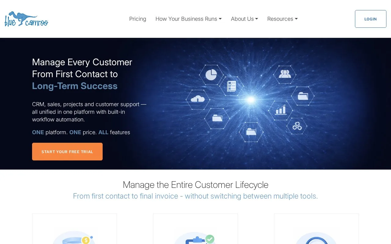Screenshot of the BlueCamroo homepage