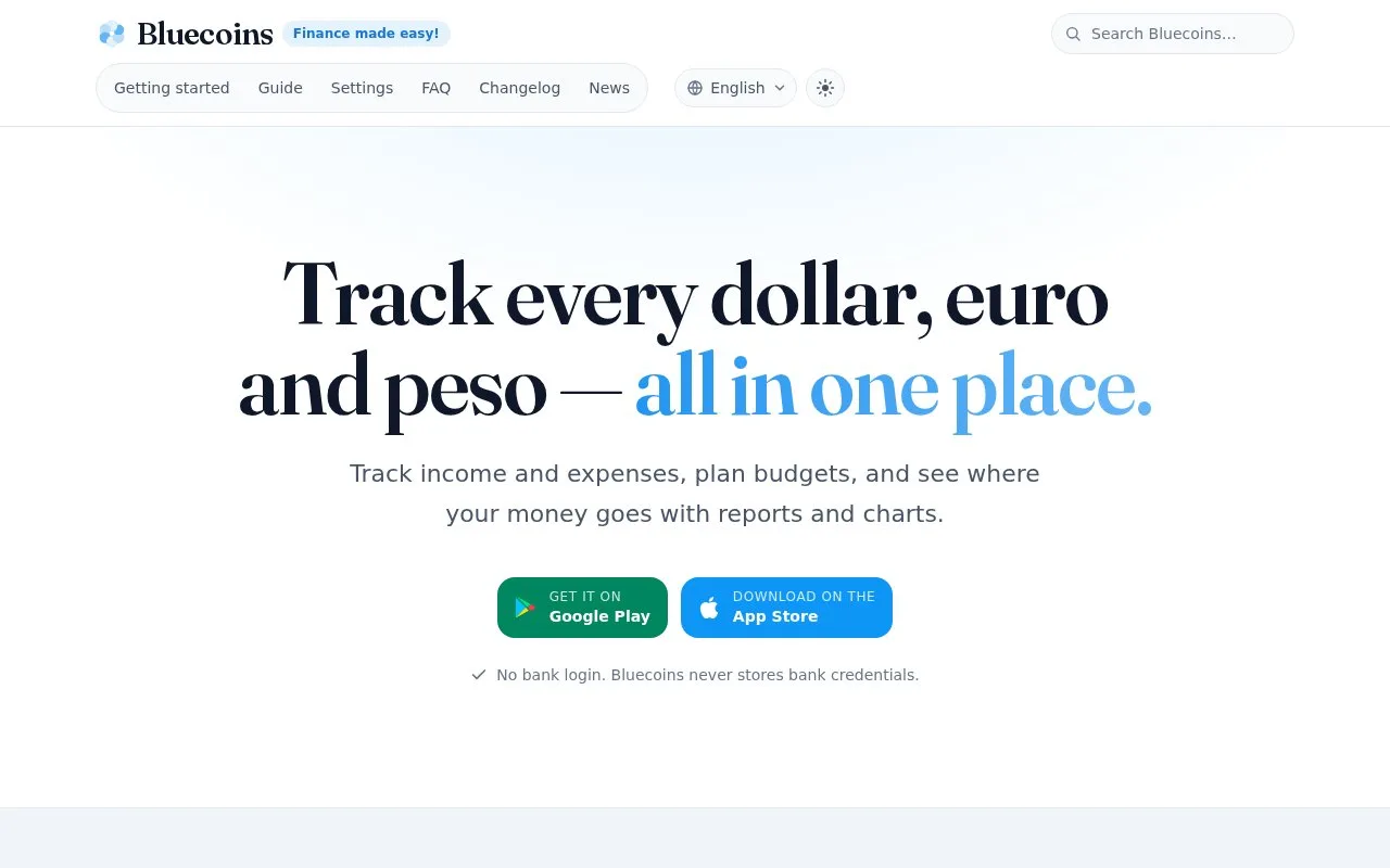 Screenshot of the Bluecoins homepage