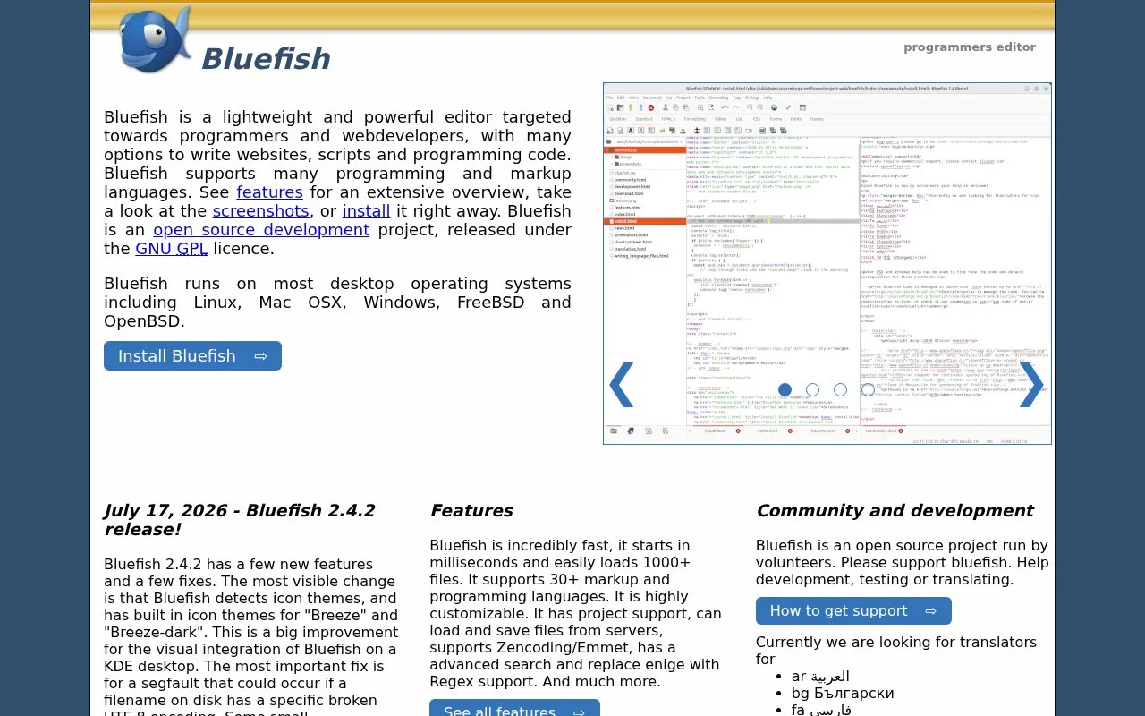 Screenshot of the Bluefish homepage