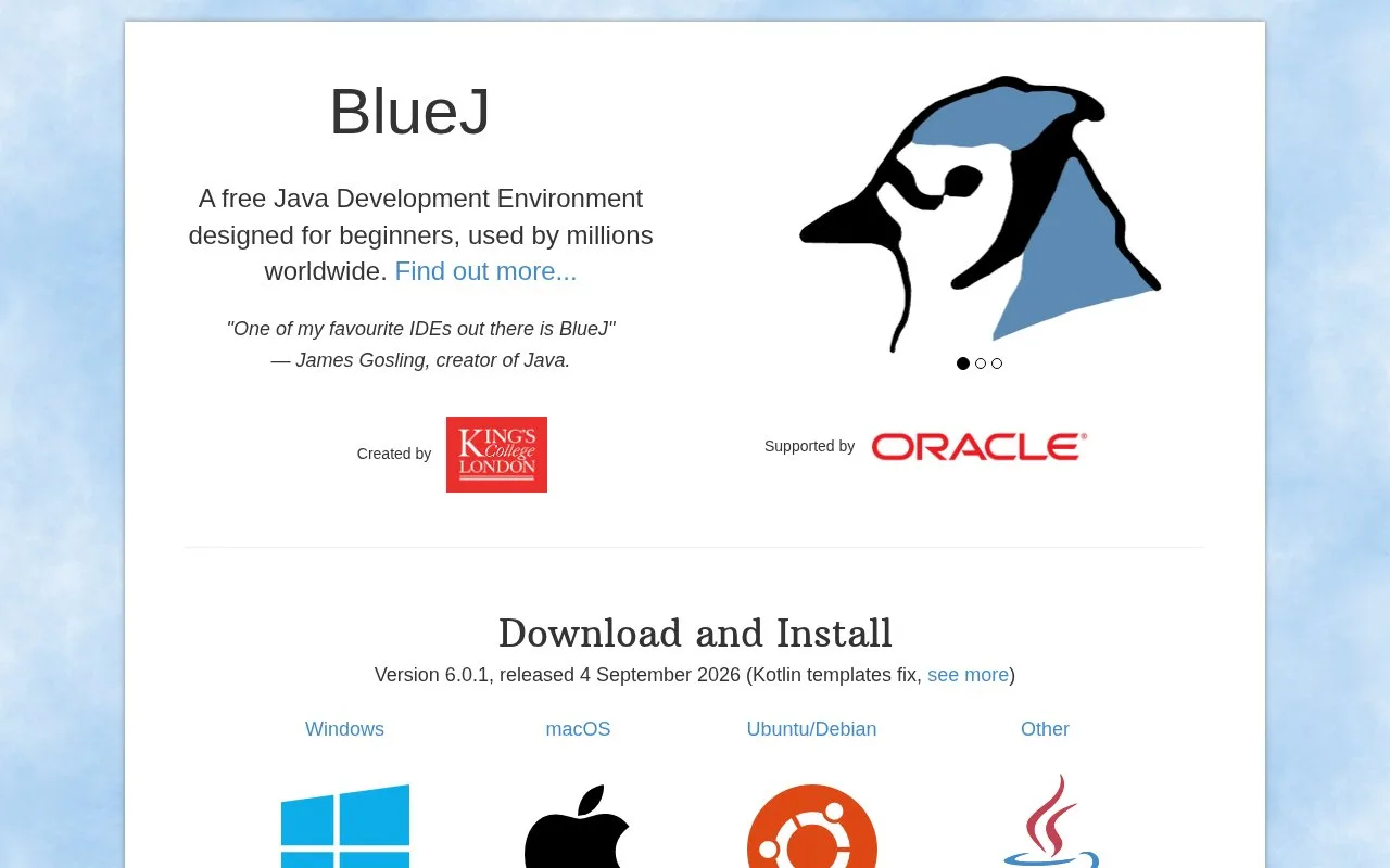 Screenshot of the BlueJ homepage
