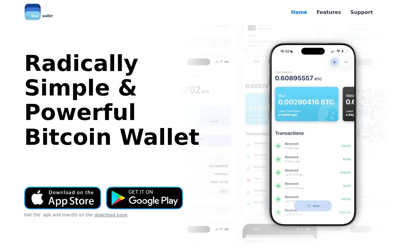 Screenshot of the BlueWallet homepage