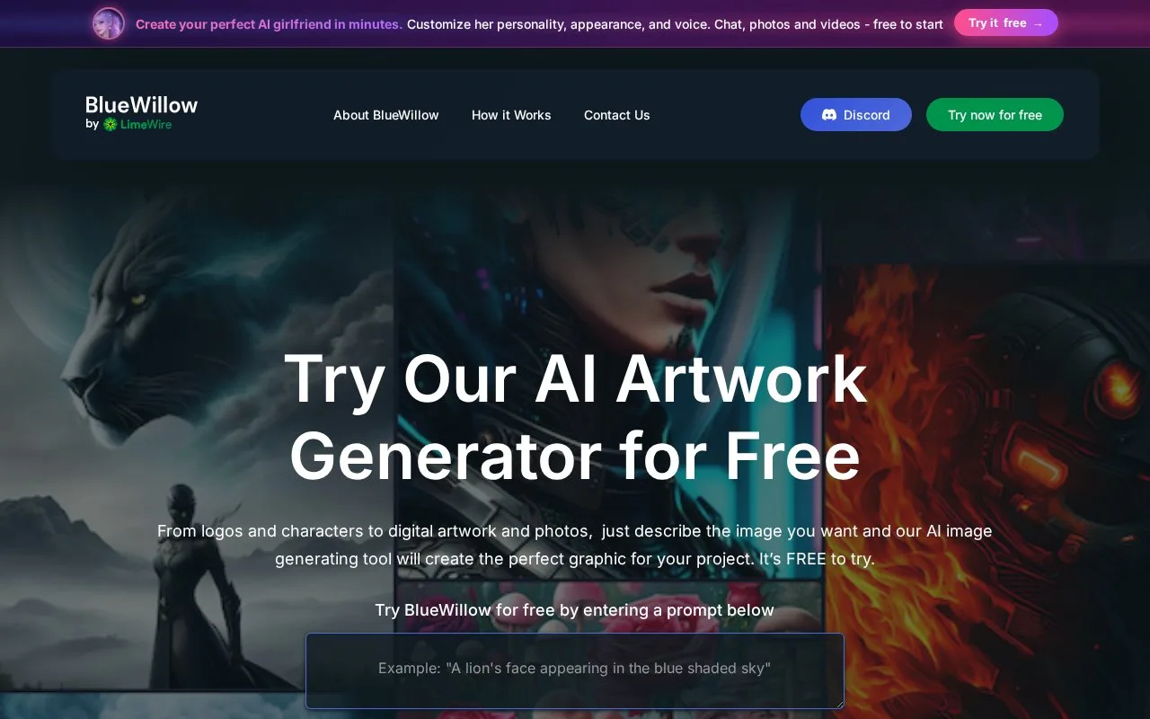 Screenshot of the BlueWillow homepage