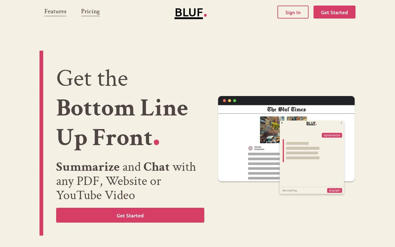 Screenshot of the BLUF homepage