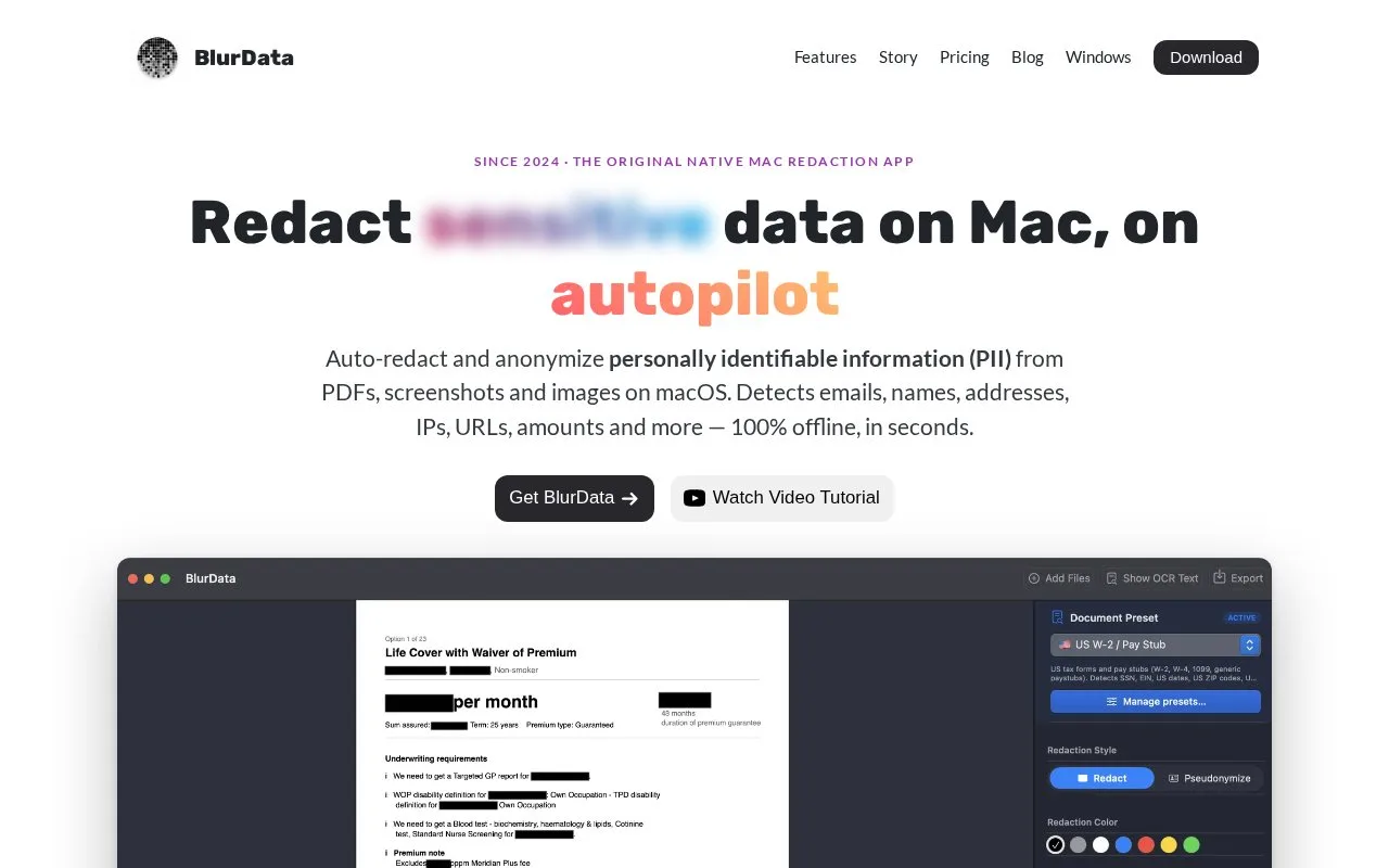 Screenshot of the BlurData homepage
