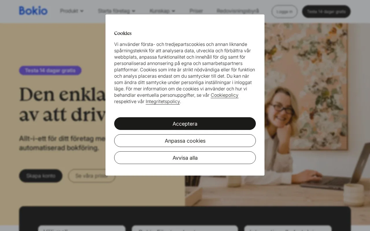 Screenshot of the Bokio homepage