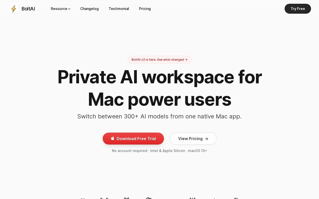Screenshot of the BoltAI homepage