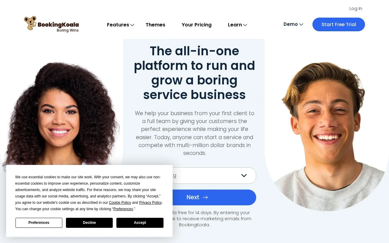 Screenshot of the BookingKoala homepage