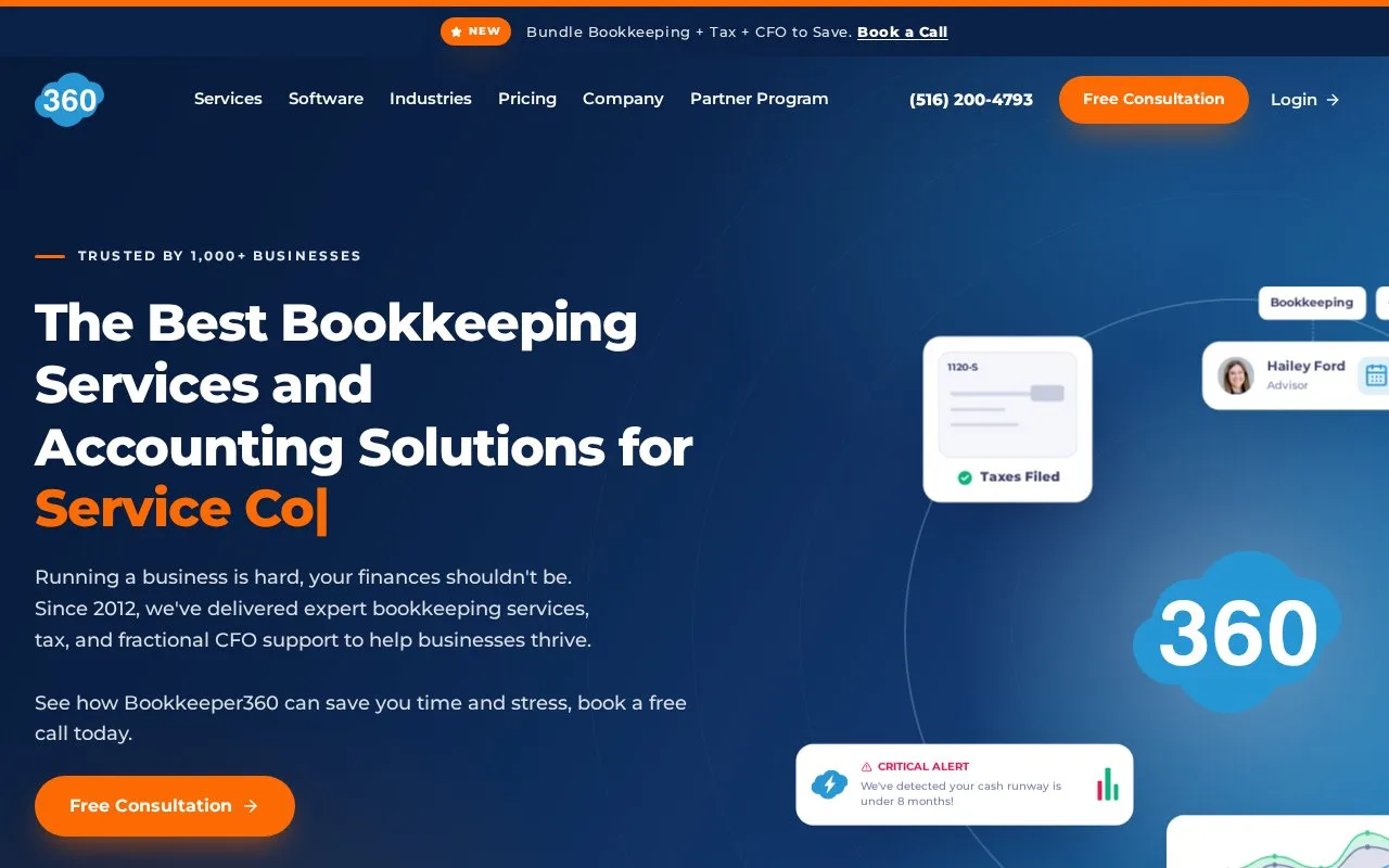 Screenshot of the Bookkeeper360 homepage