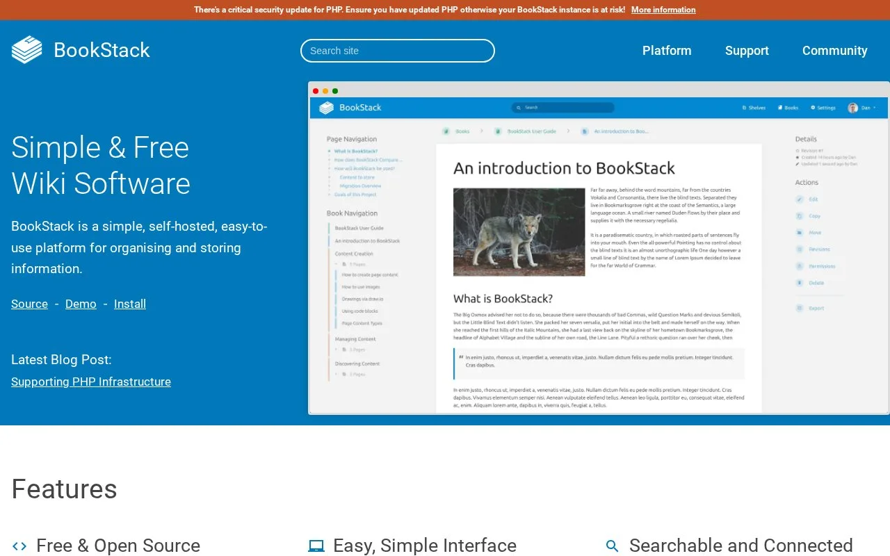 Screenshot of the BookStack homepage