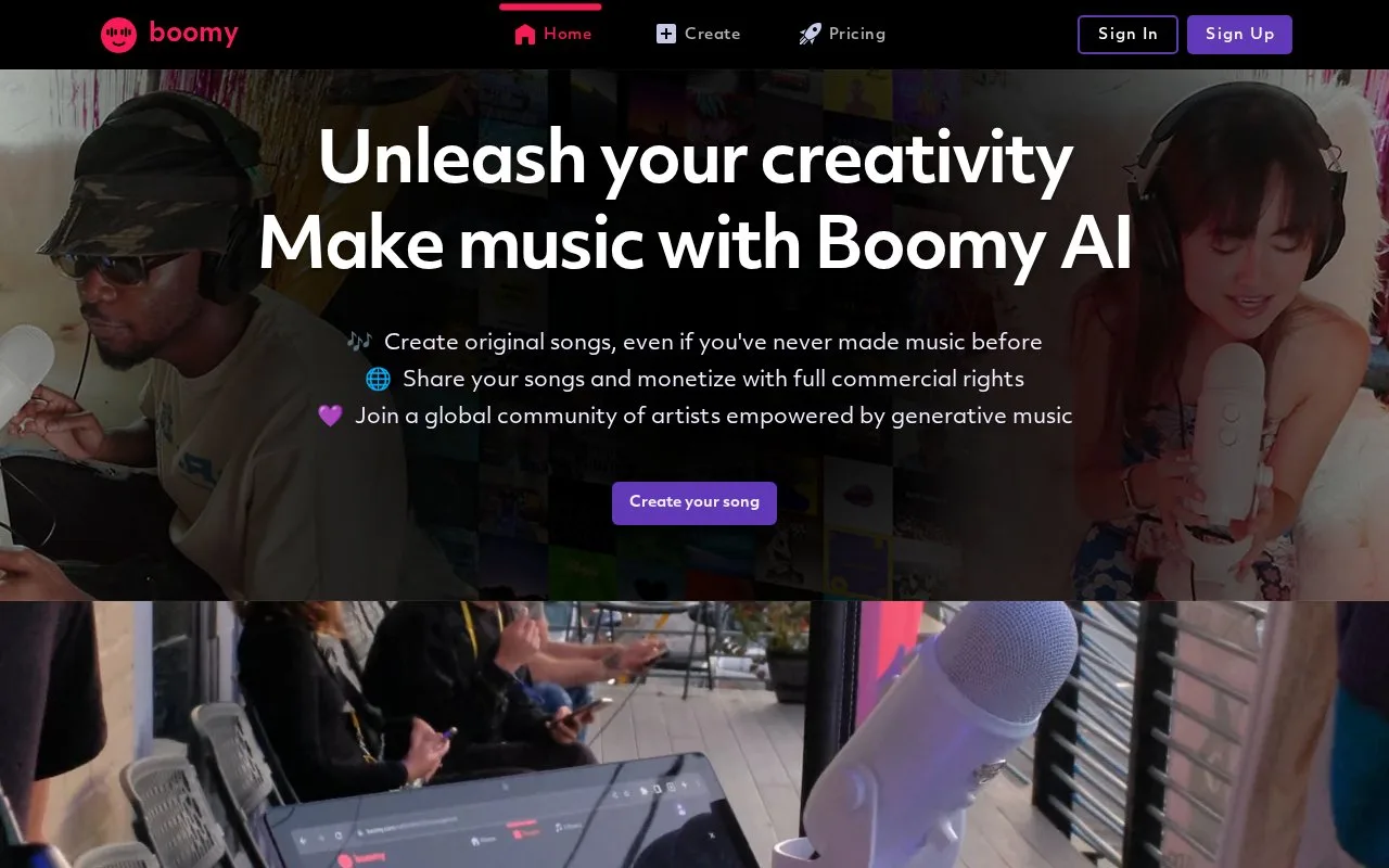 Screenshot of the Boomy homepage