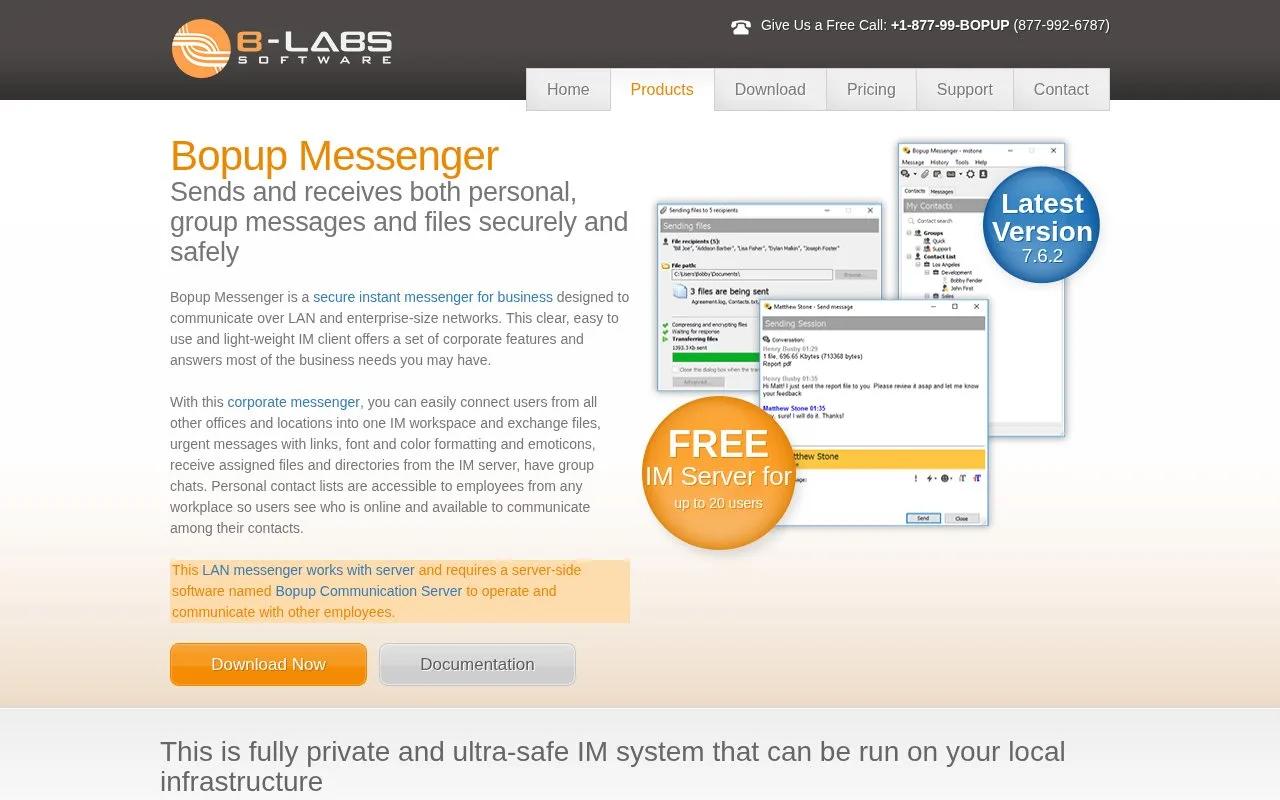 Screenshot of the Bopup Messenger homepage