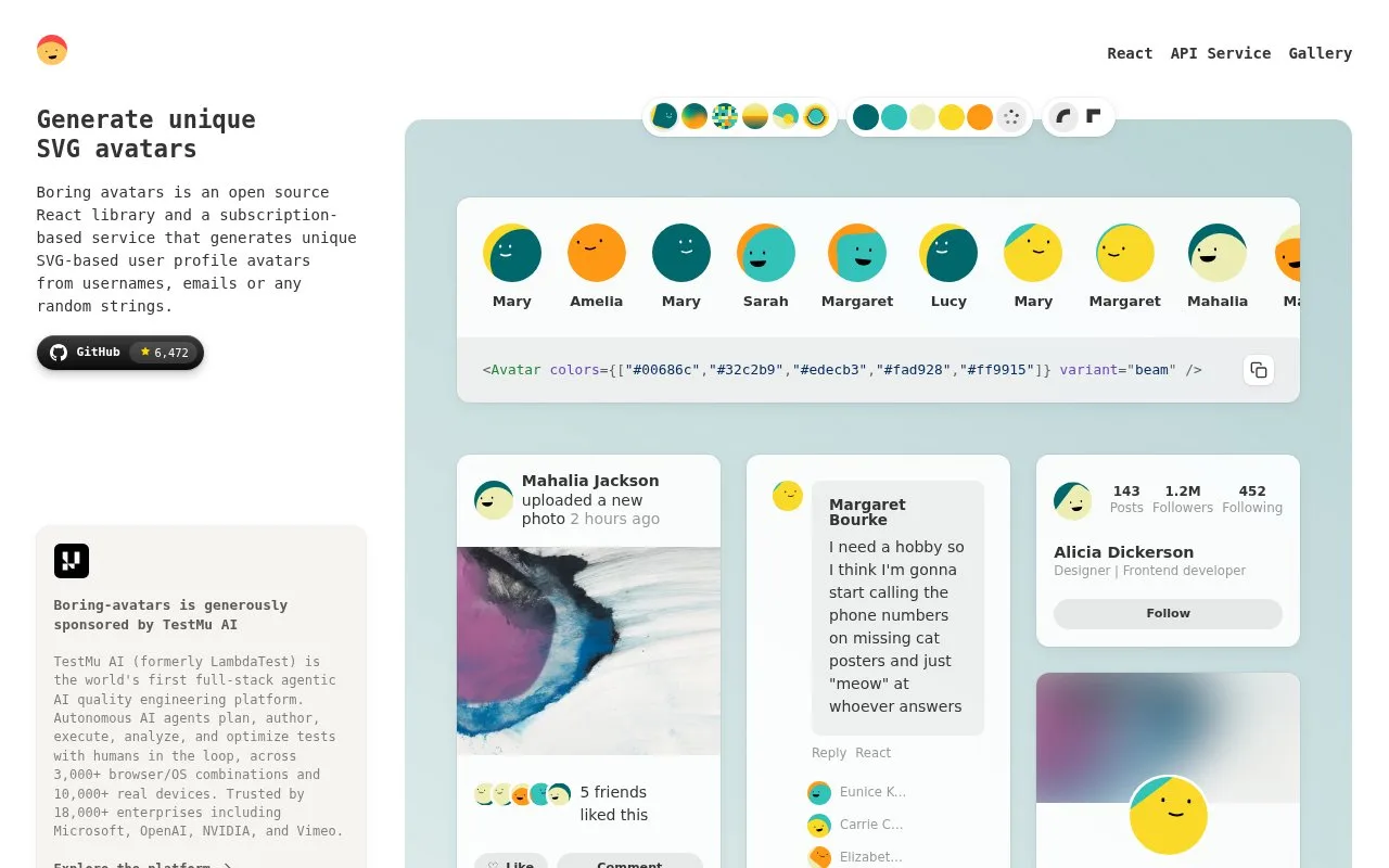 Screenshot of the Boring Avatars homepage