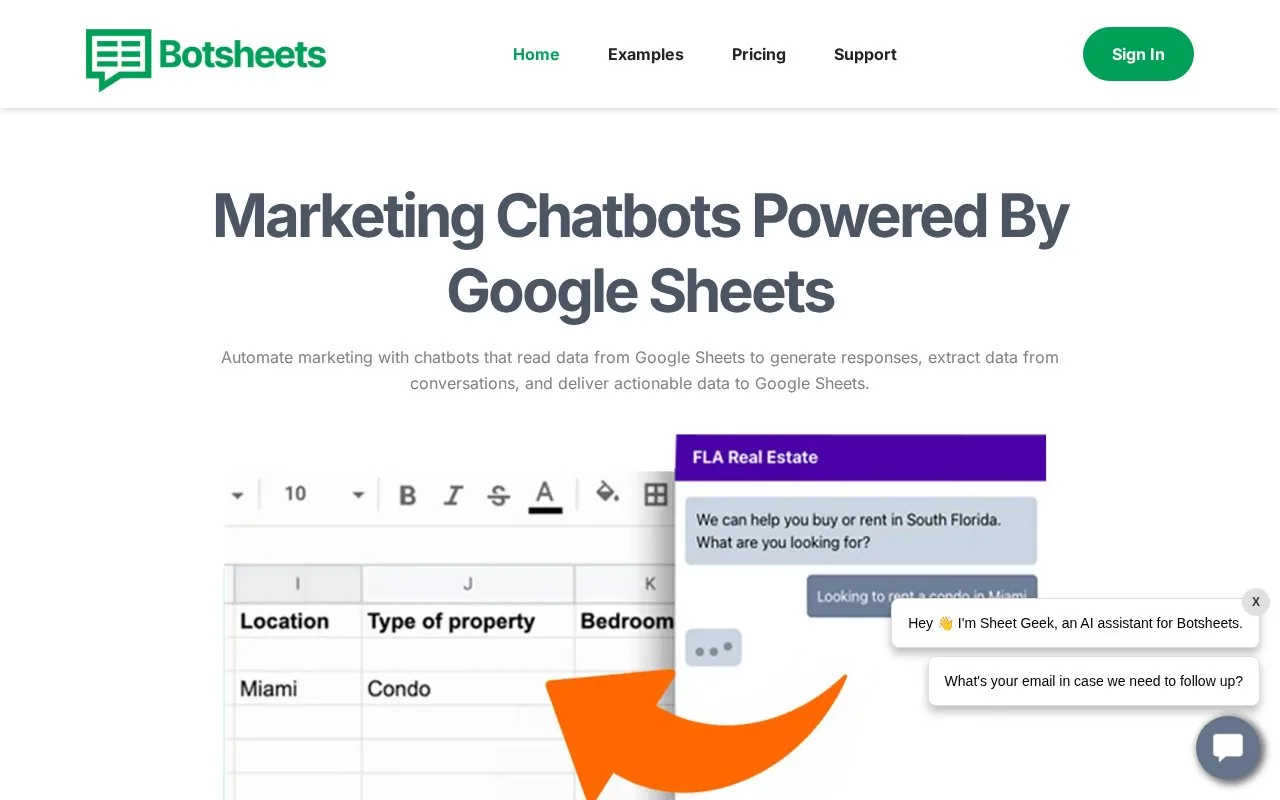 Screenshot of the Botsheets homepage