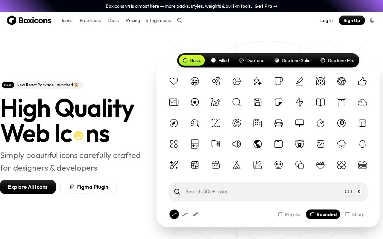 Screenshot of the Boxicons homepage