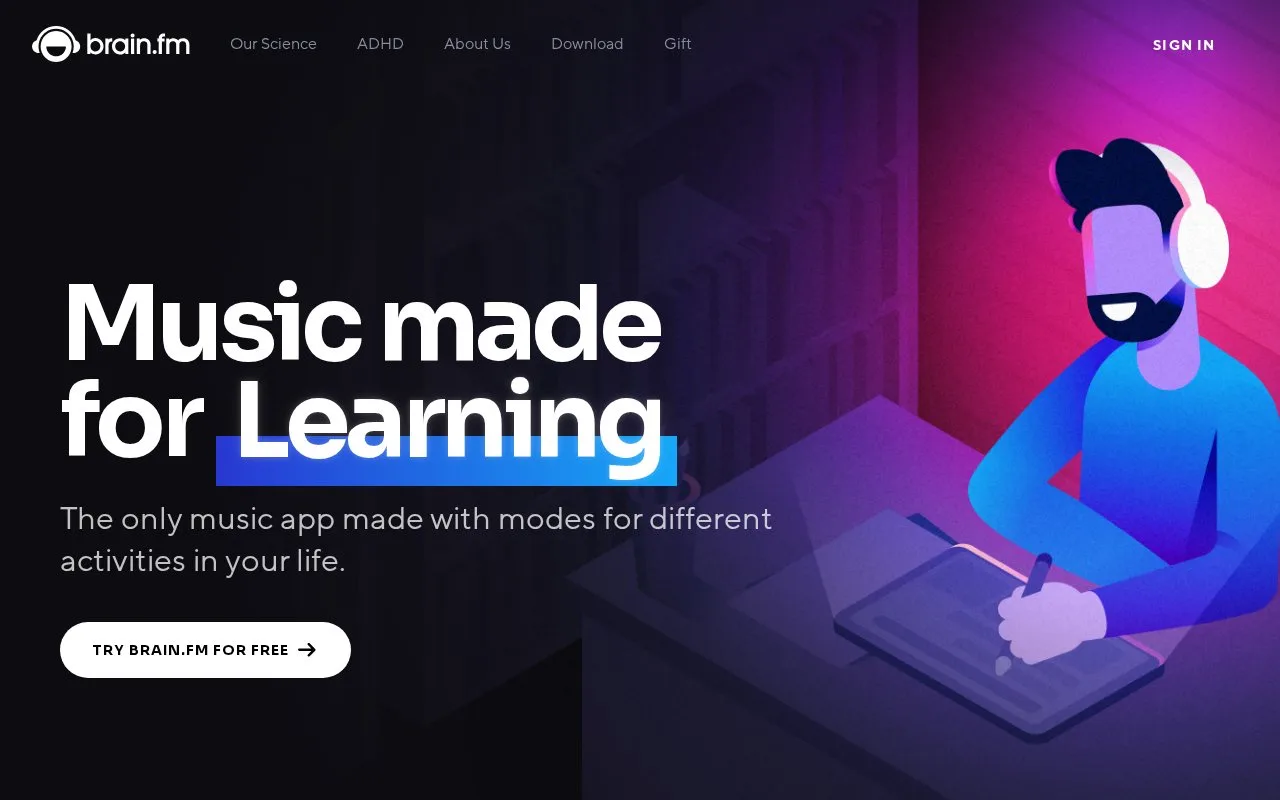 Screenshot of the Brain.fm homepage