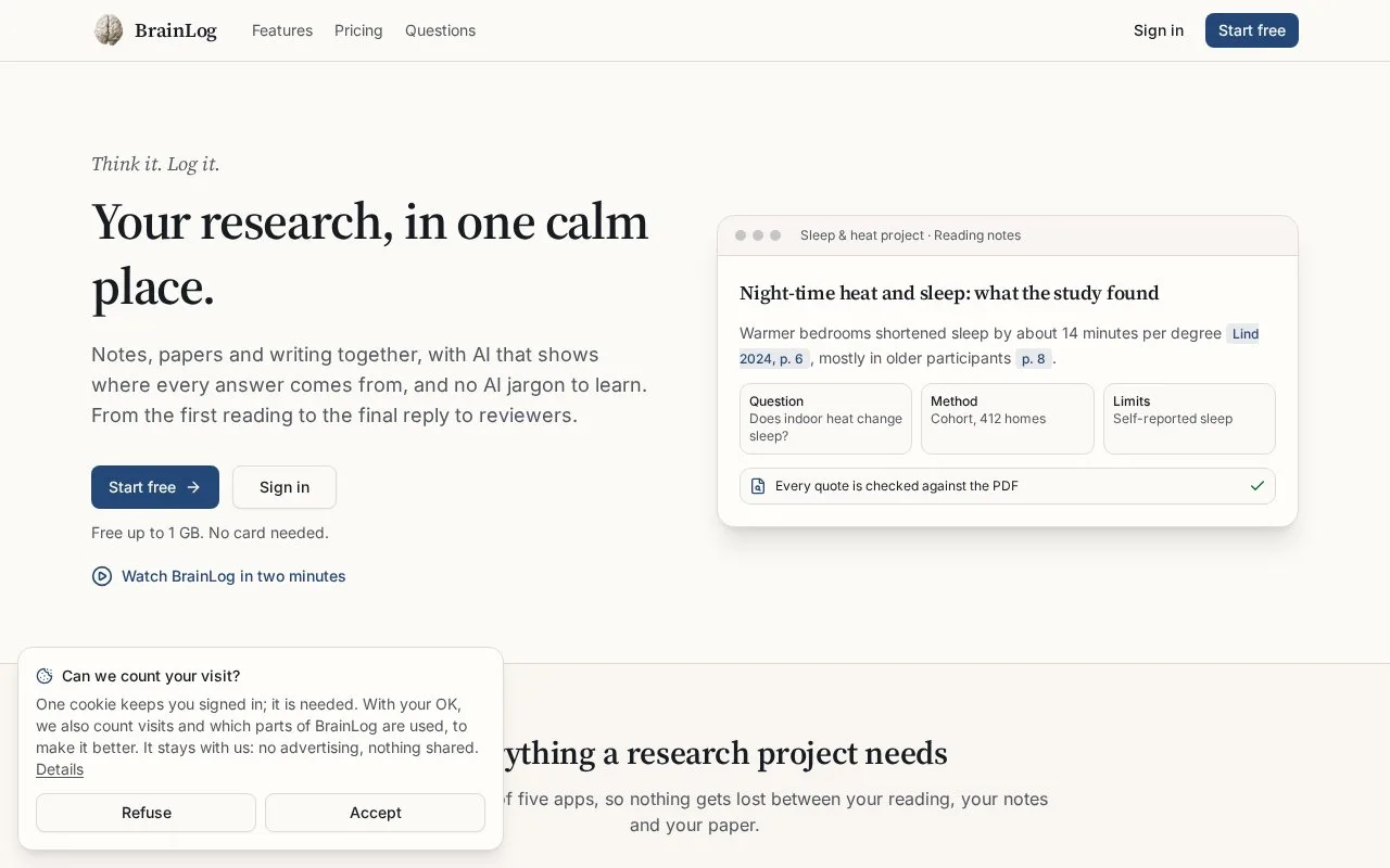 Screenshot of the BrainLog homepage