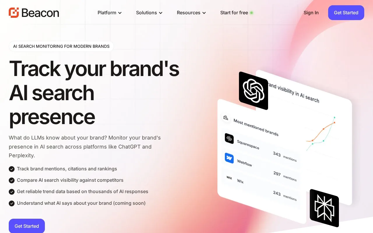 Screenshot of the BrandBeacon homepage