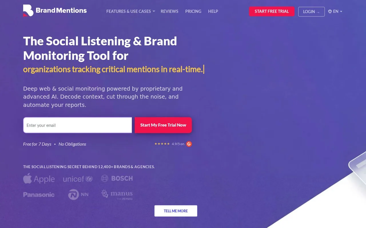 Screenshot of the BrandMentions homepage