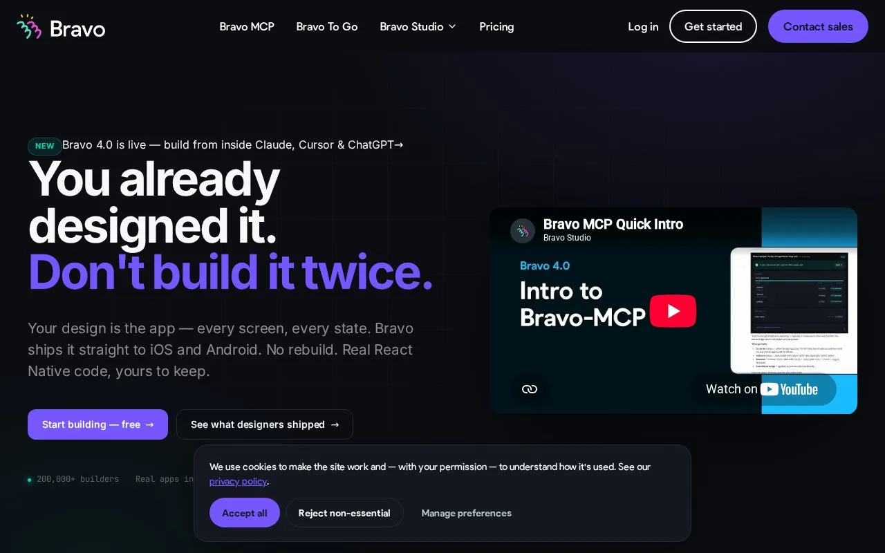 Screenshot of the Bravo Studio homepage