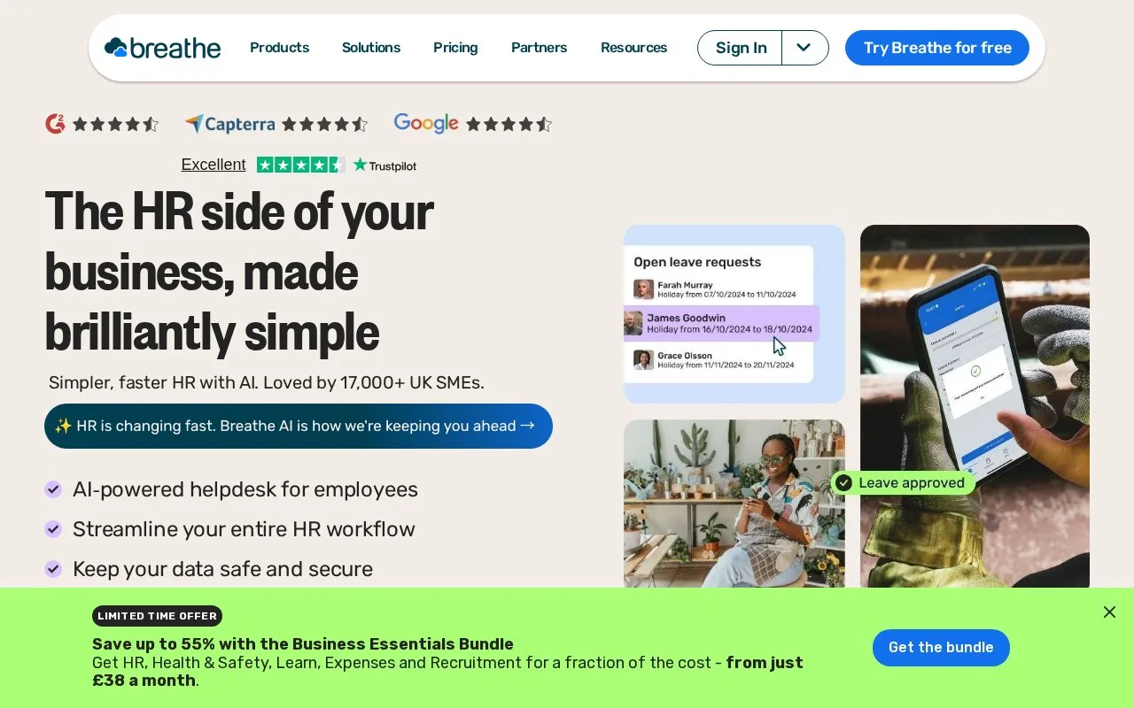 Screenshot of the Breathe homepage