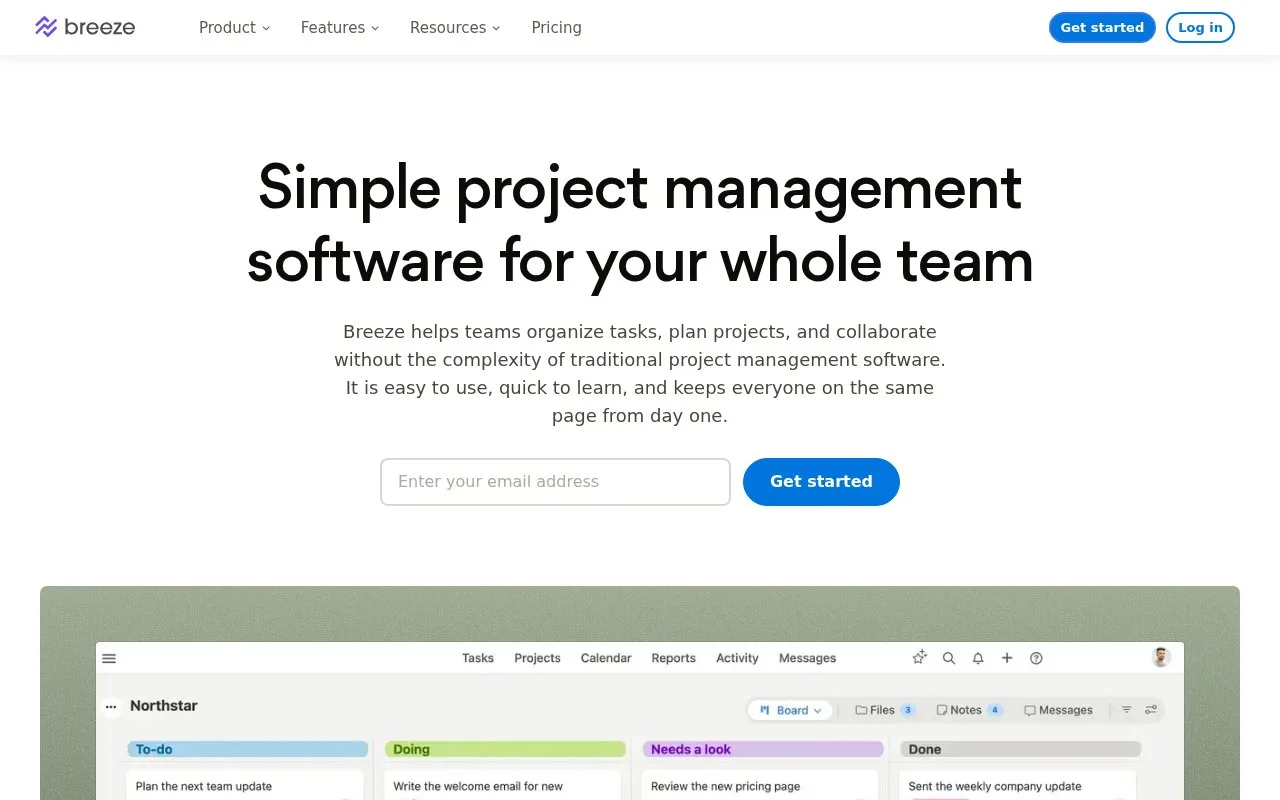 Screenshot of the Breeze homepage