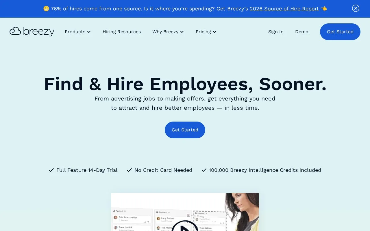Screenshot of the Breezy HR homepage