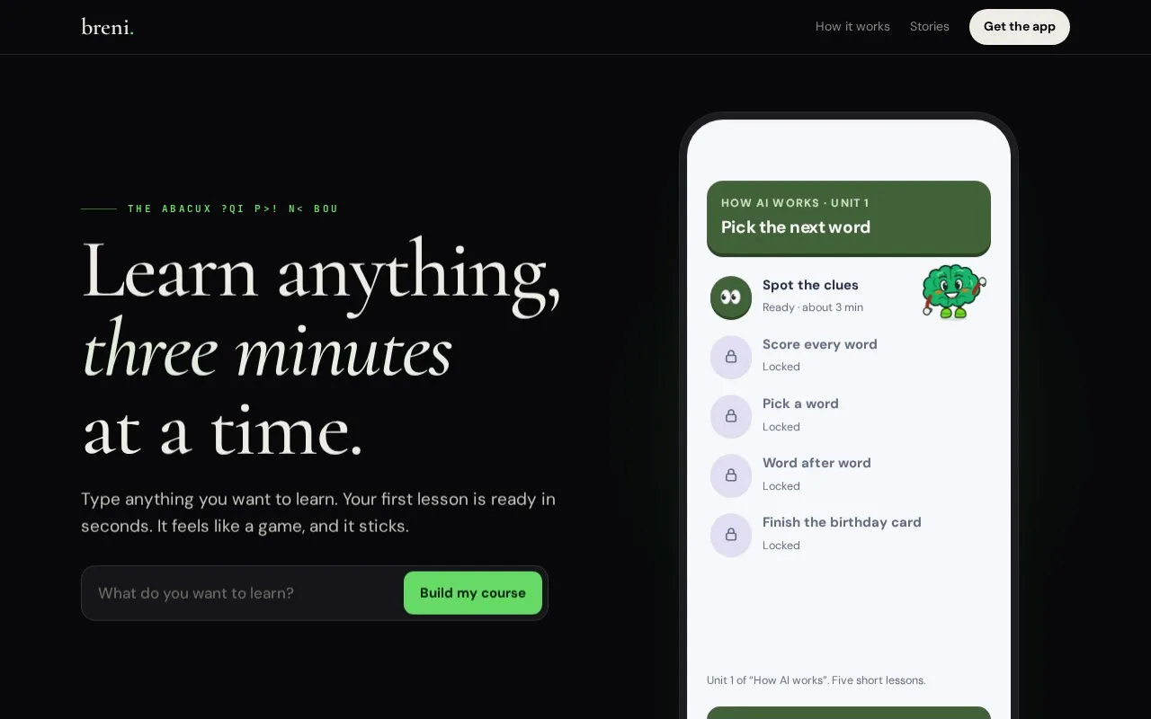 Screenshot of the Breni homepage