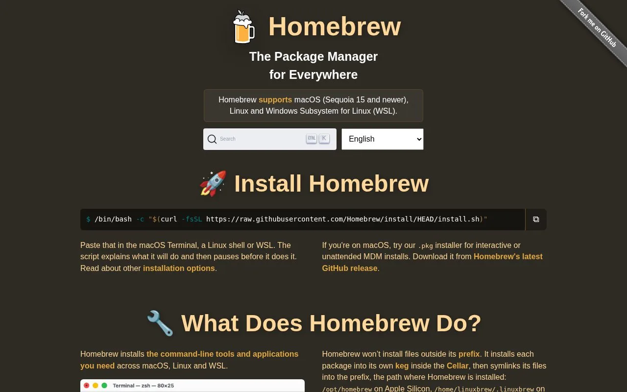 Screenshot of the Homebrew homepage