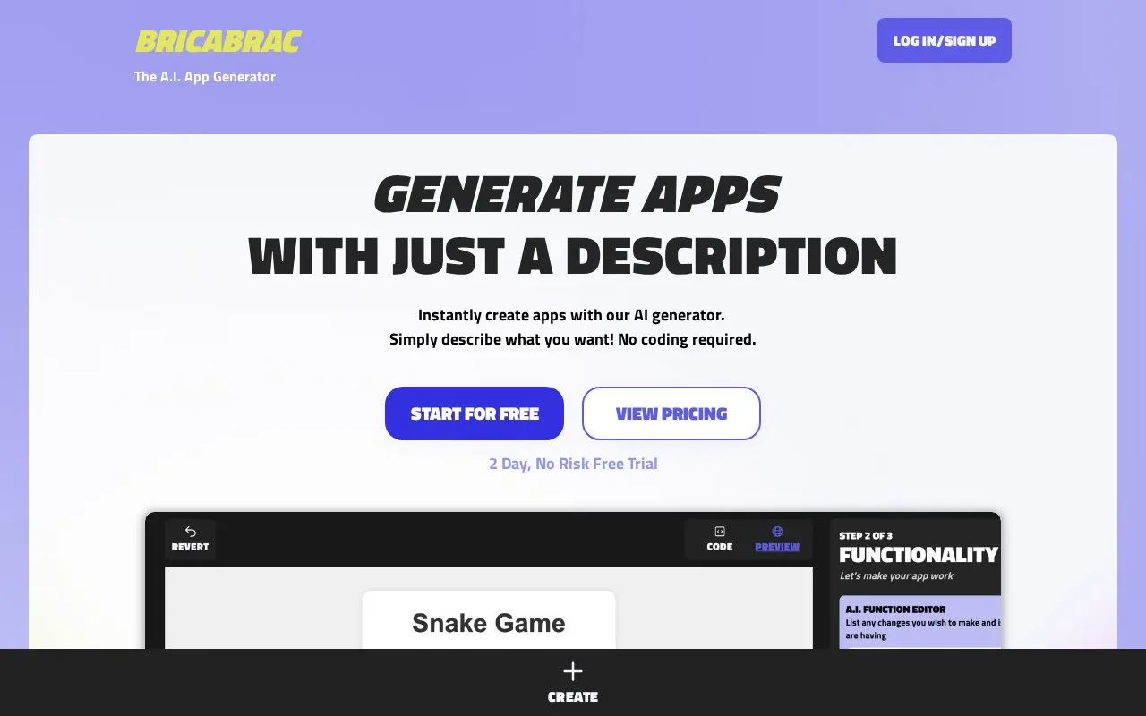 Screenshot of the Bricabrac AI homepage