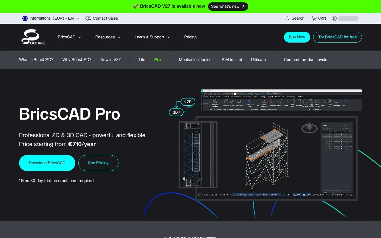 Screenshot of the Octave BricsCAD homepage