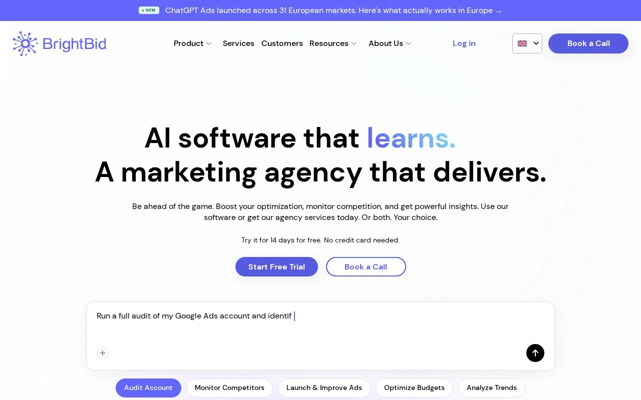 Screenshot of the BrightBid homepage