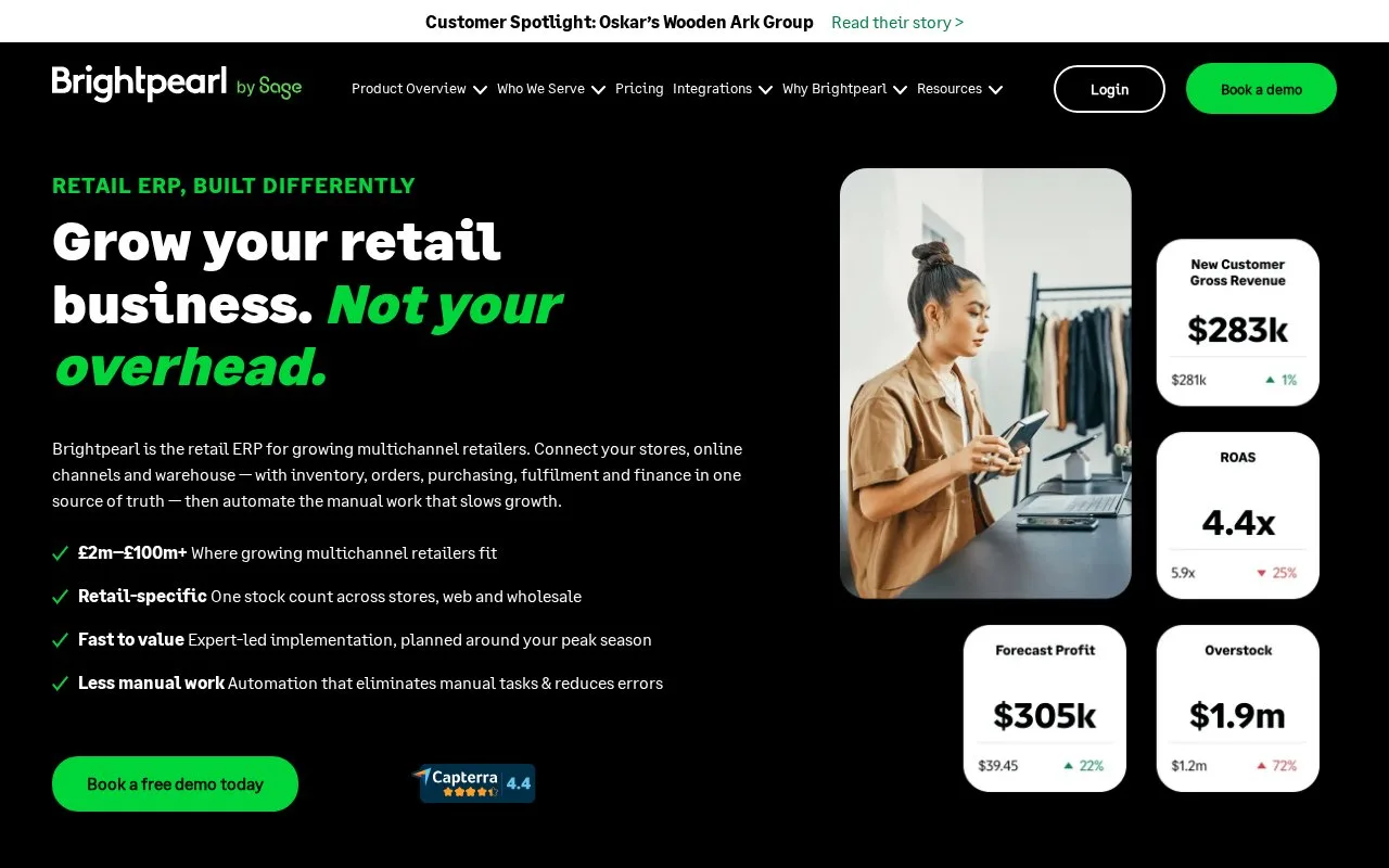 Screenshot of the Brightpearl homepage
