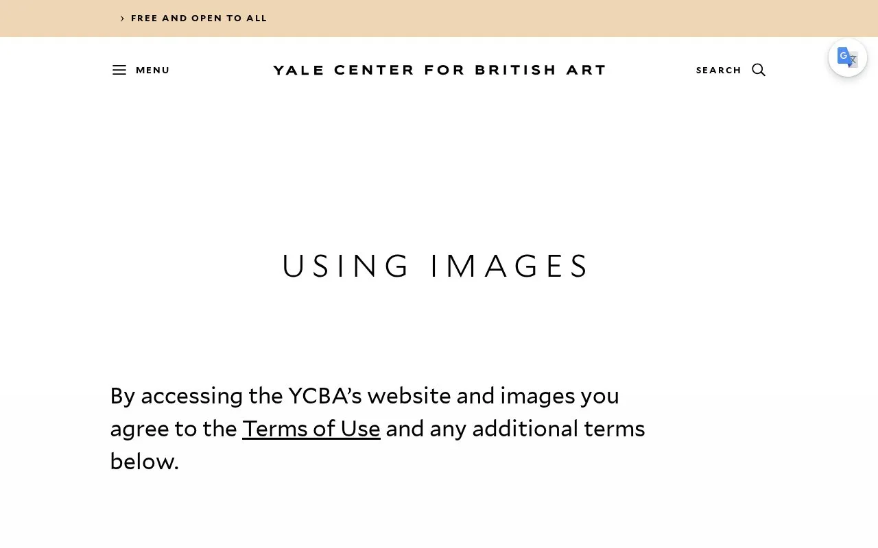 Screenshot of the Yale Center for British Art Images homepage