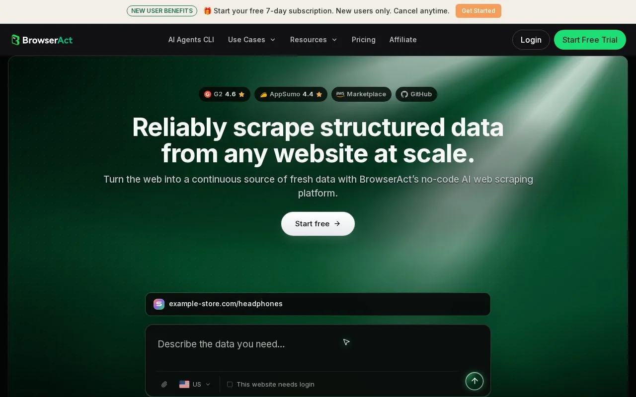 Screenshot of the BrowserAct homepage
