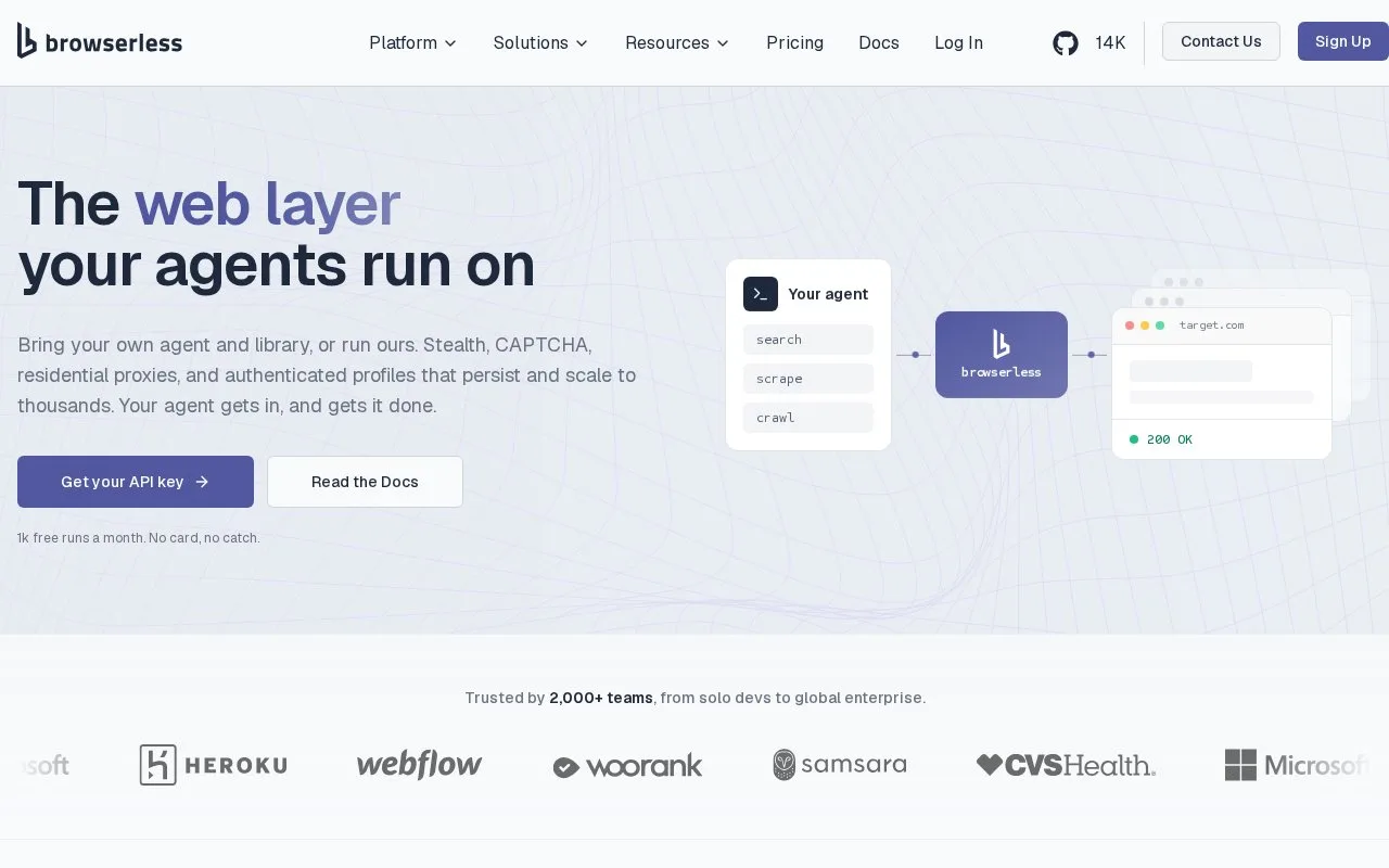 Screenshot of the Browserless homepage