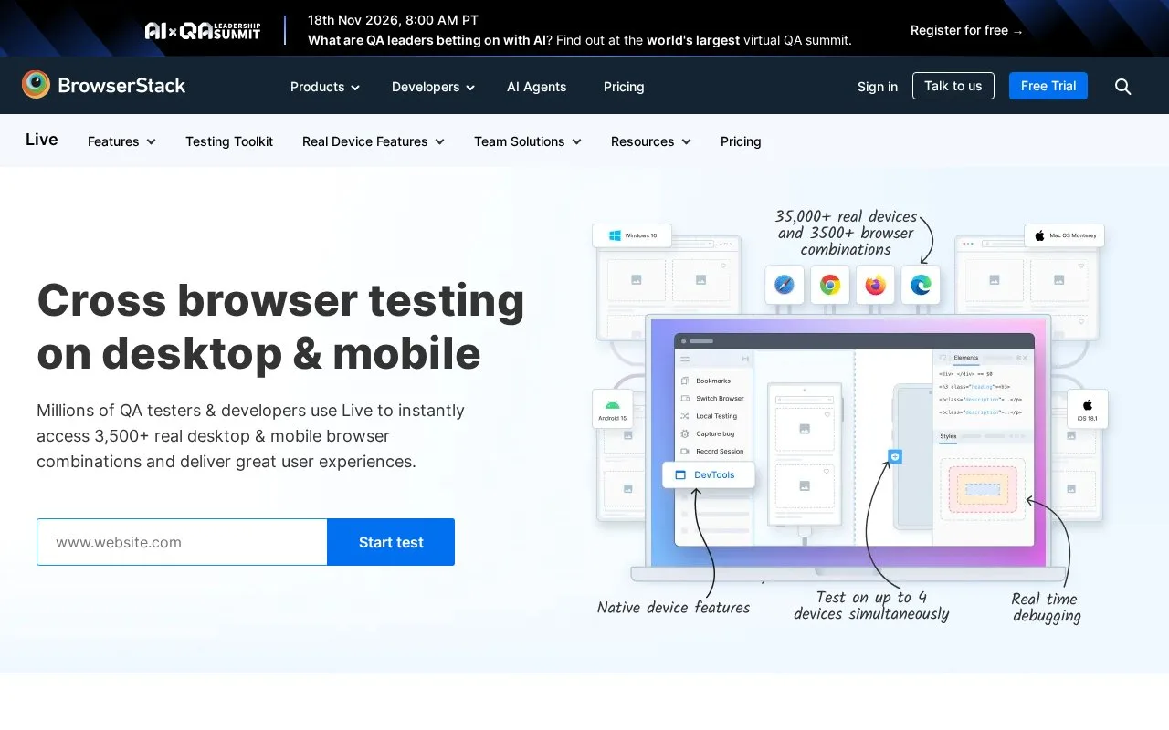 Screenshot of the BrowserStack Live homepage