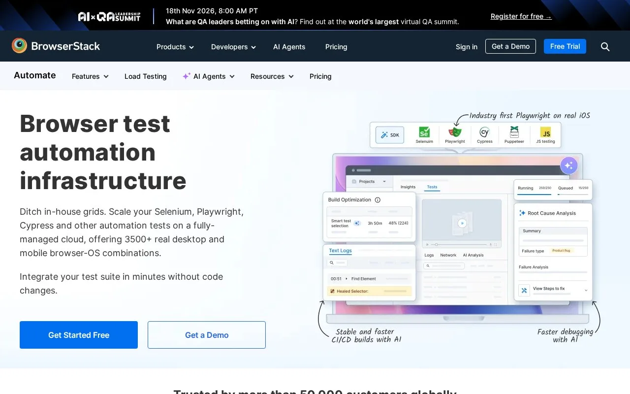 Screenshot of the BrowserStack Automate homepage