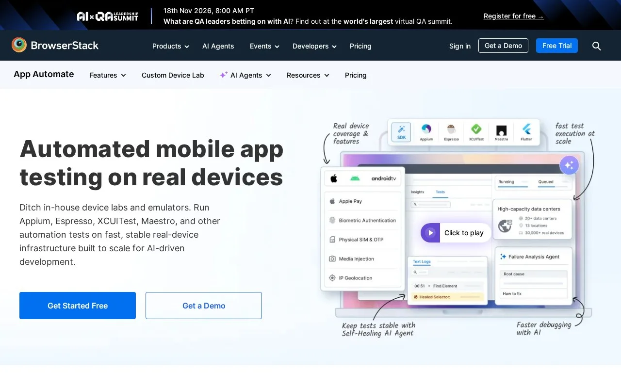 Screenshot of the BrowserStack App Automate homepage