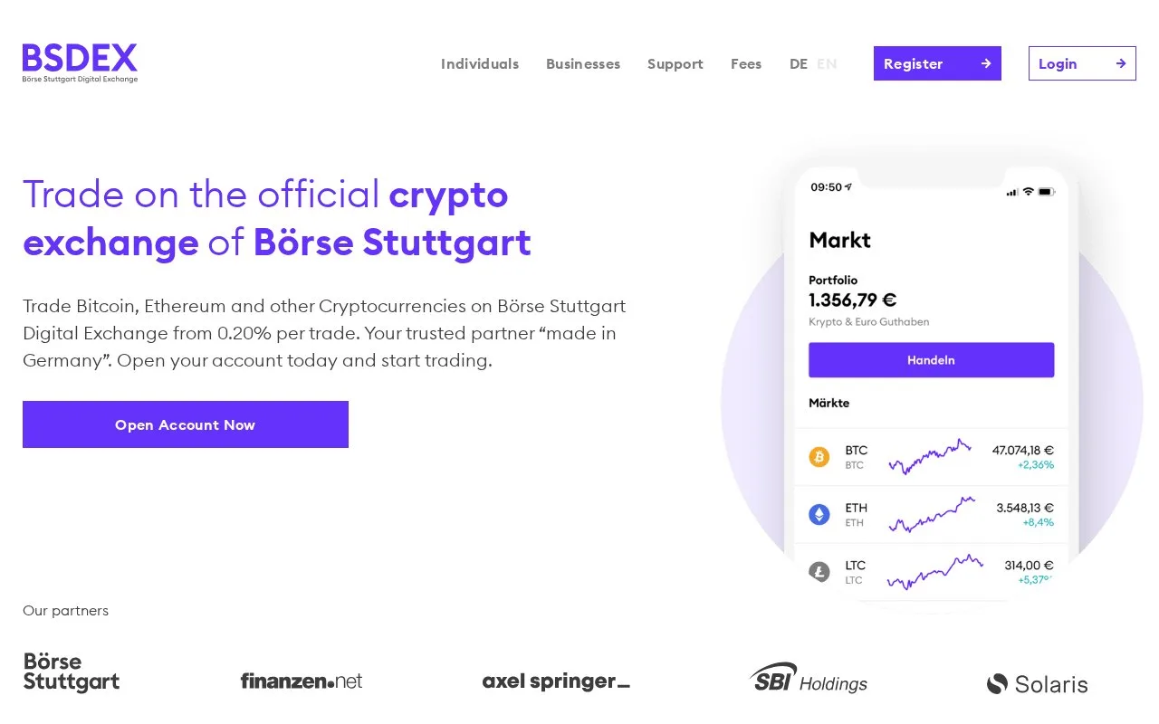 Screenshot of the BSDEX homepage