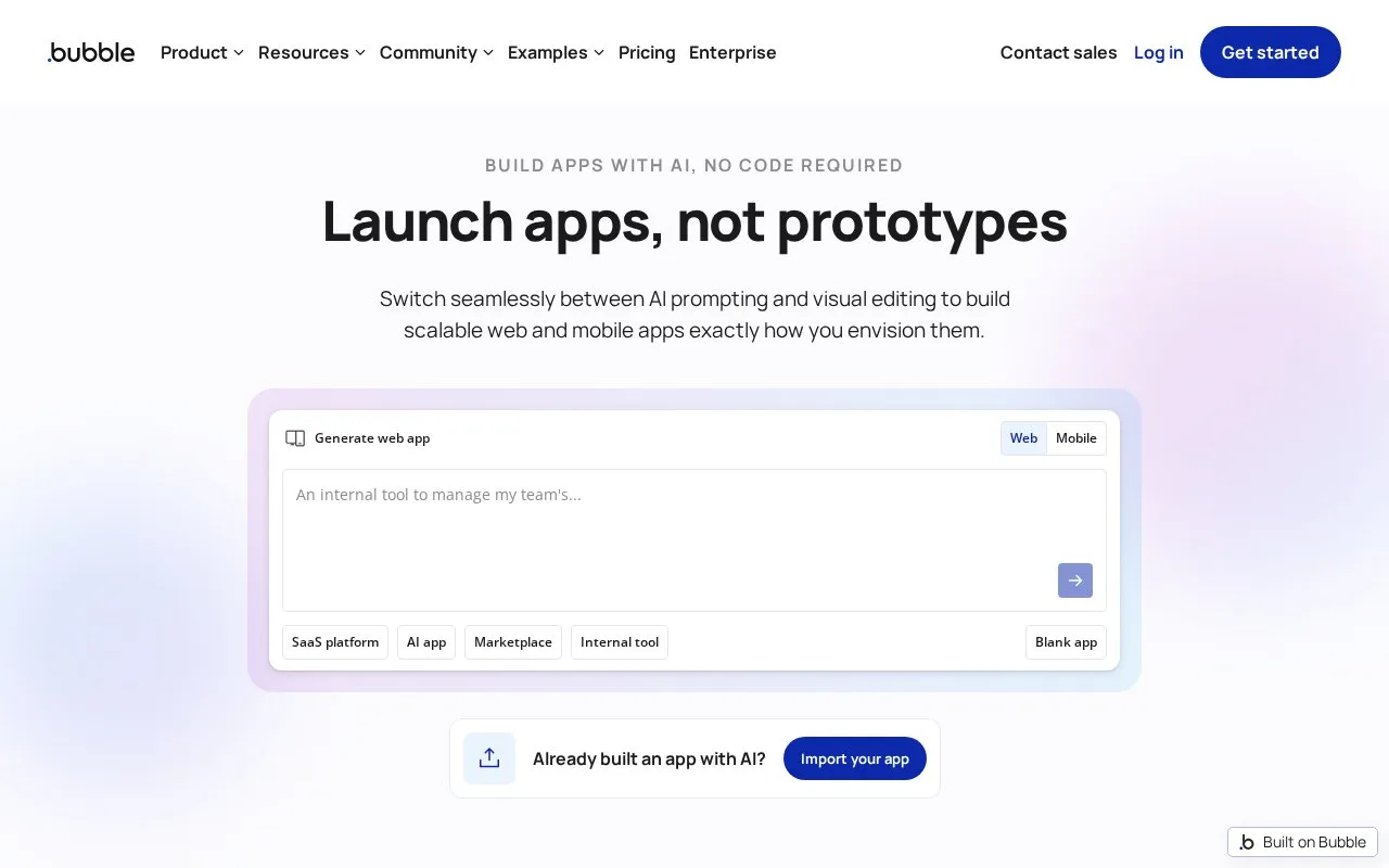 Screenshot of the Bubble homepage