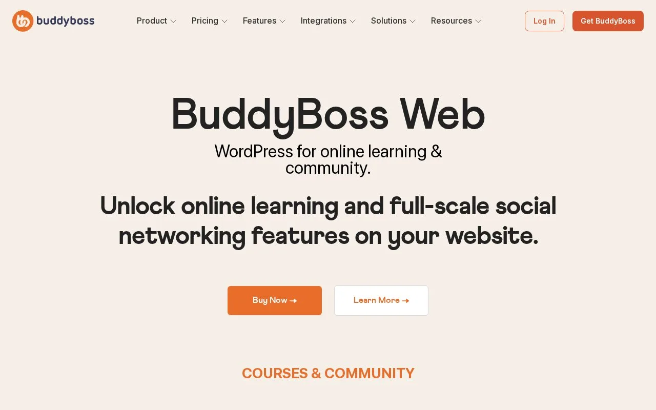 Screenshot of the BuddyBoss homepage