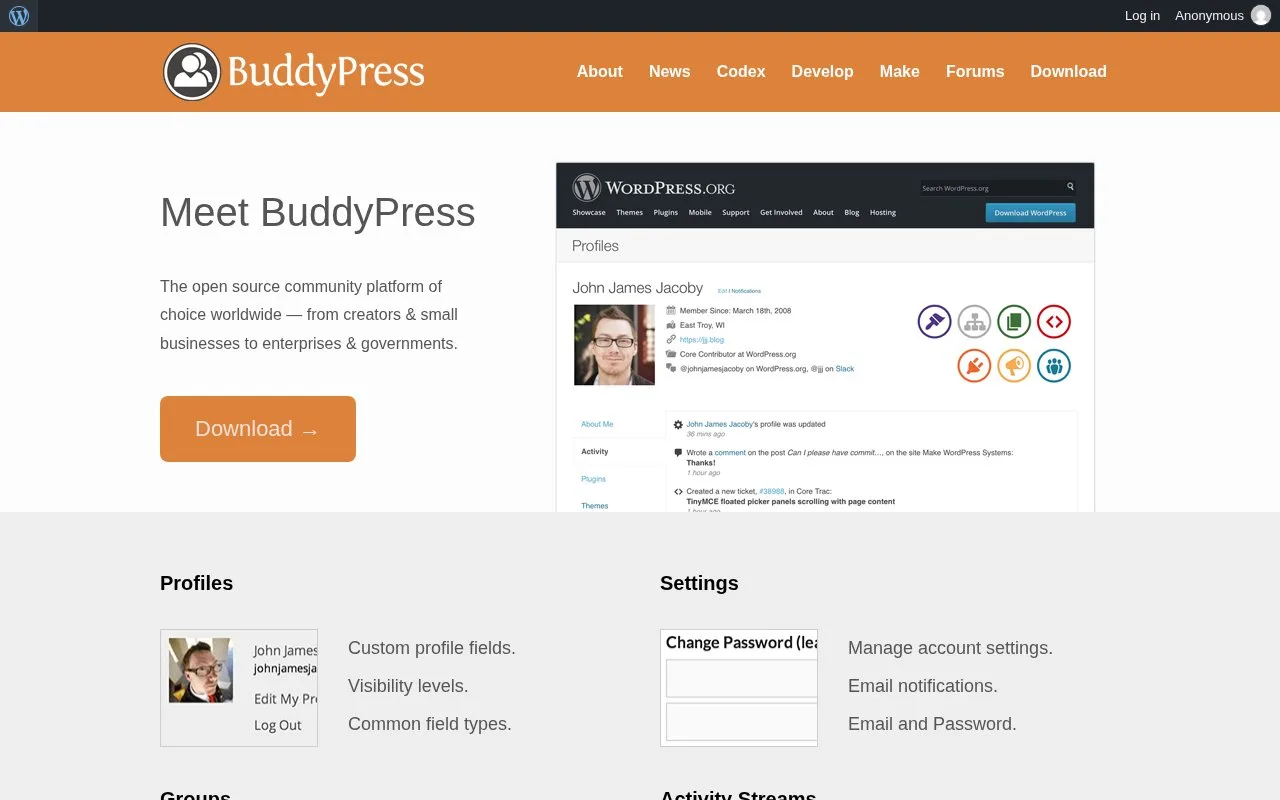 Screenshot of the BuddyPress homepage