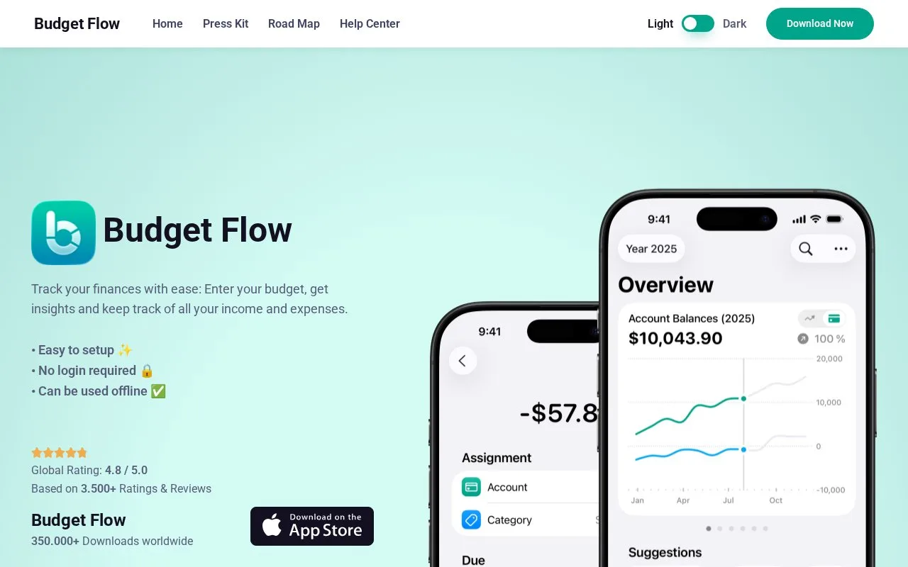 Screenshot of the Budget Flow homepage