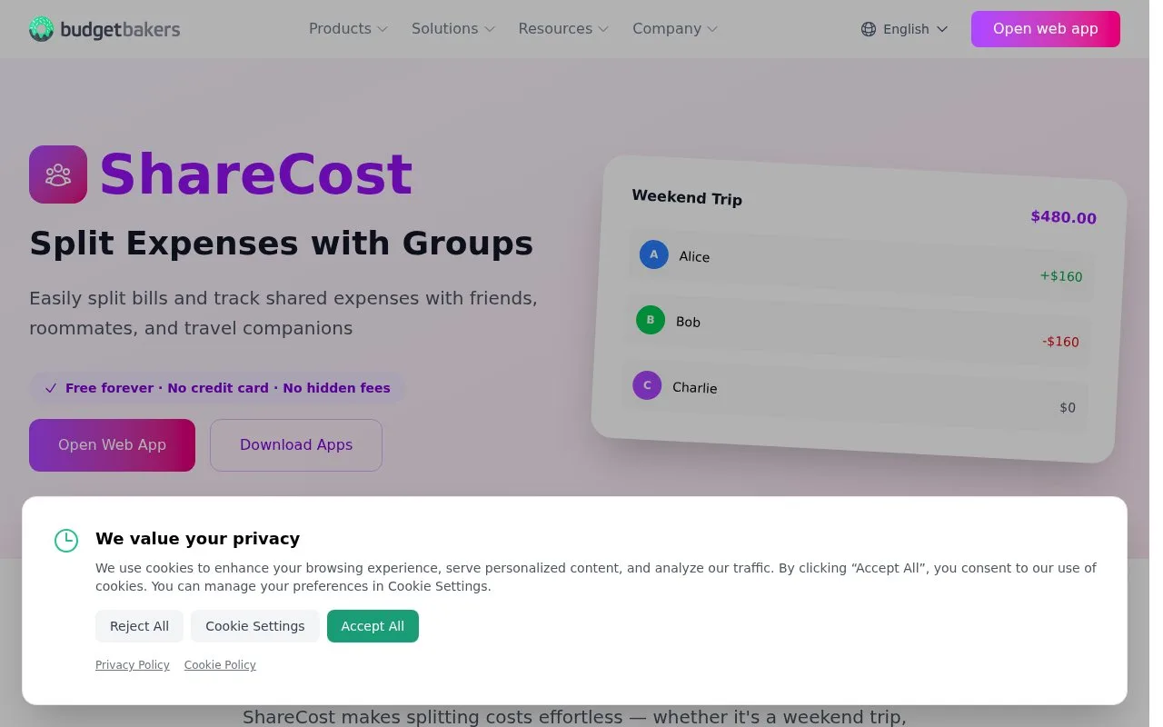 Screenshot of the ShareCost homepage